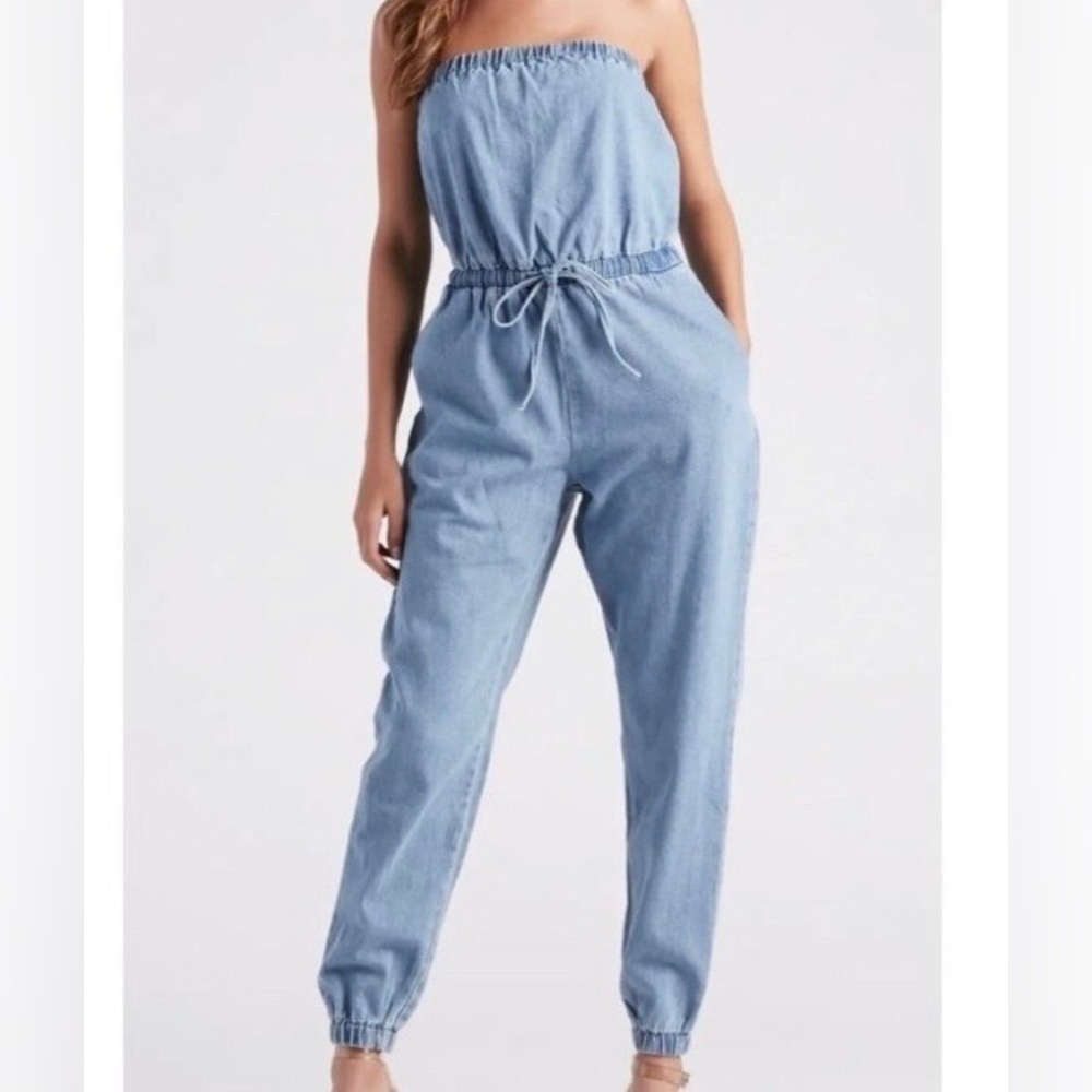 Windsor Light Blue Strapless Denim Jumpsuit